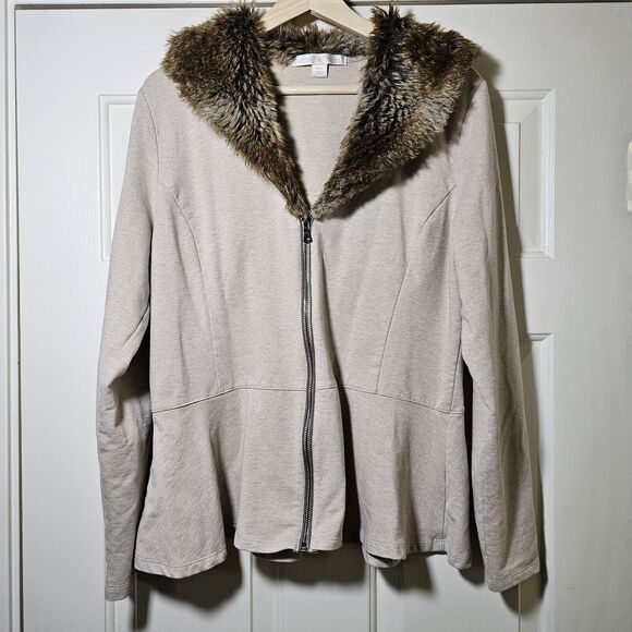Boston Proper Beige Knit Jacket Faux Fur Collar Full Zip Peplum Size Large - Picture 1 of 10